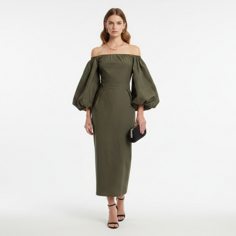 En Saison Off-the-Shoulder Puff Sleeve Midi Dress